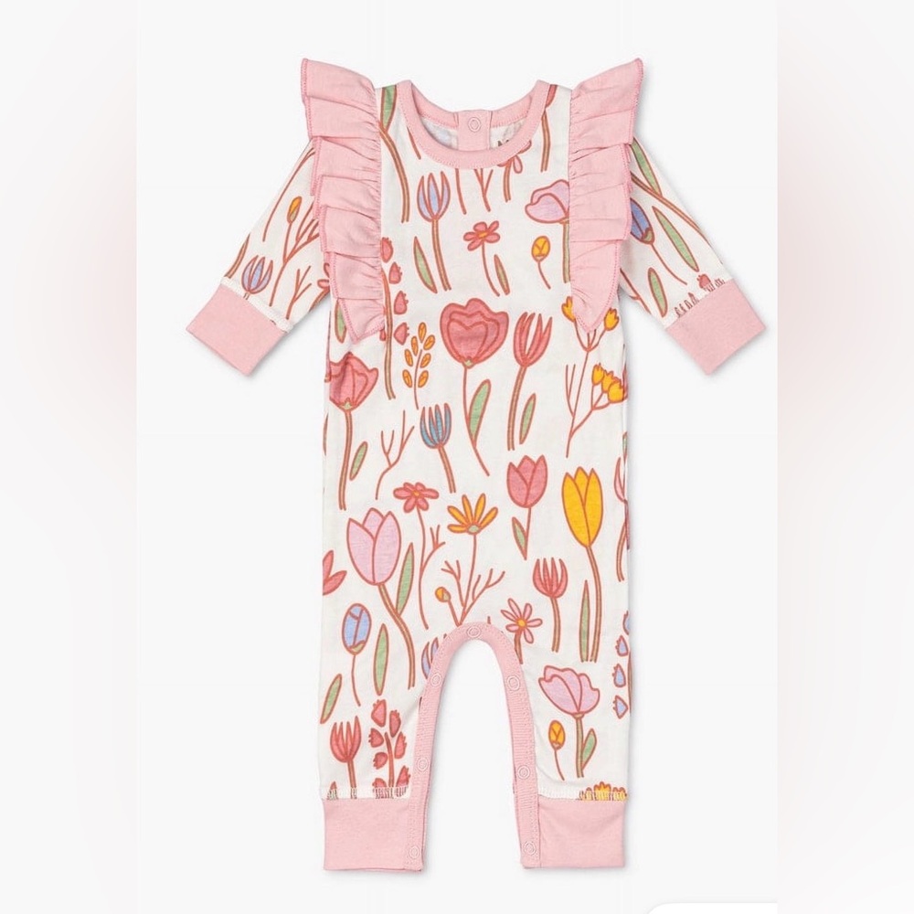 MONICA + ANDY Wildflower Floral Org Cotton Double Ruffle Romper- 6-9 Months